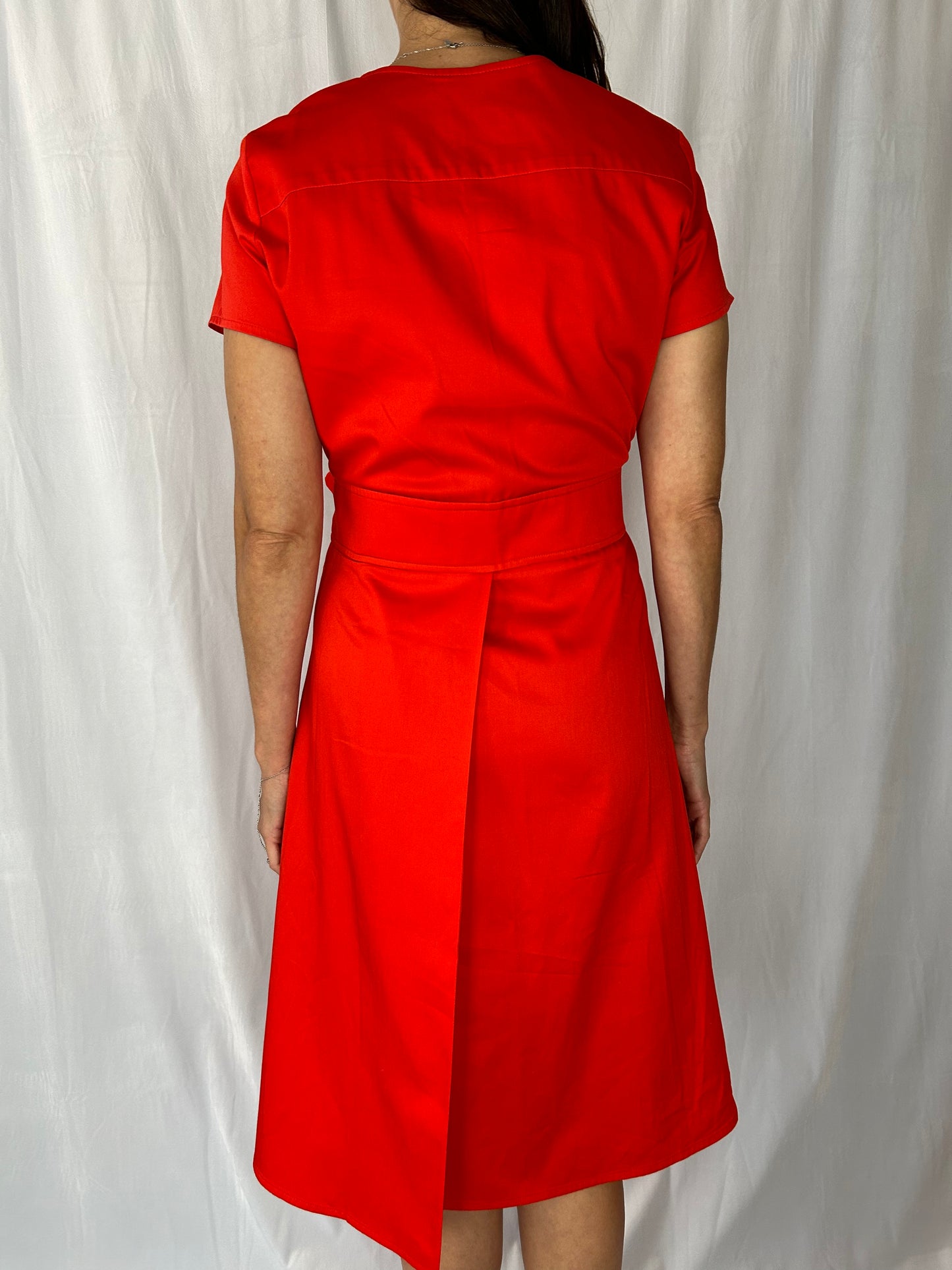 Weill Red Short-Sleeve Tie-Front Dress with Added Pearl Trim