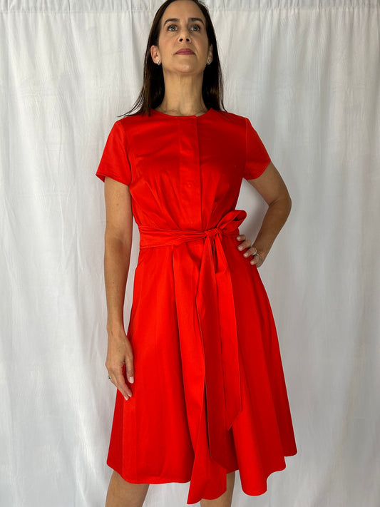 Weill Red Short-Sleeve Tie-Front Dress with Added Pearl Trim
