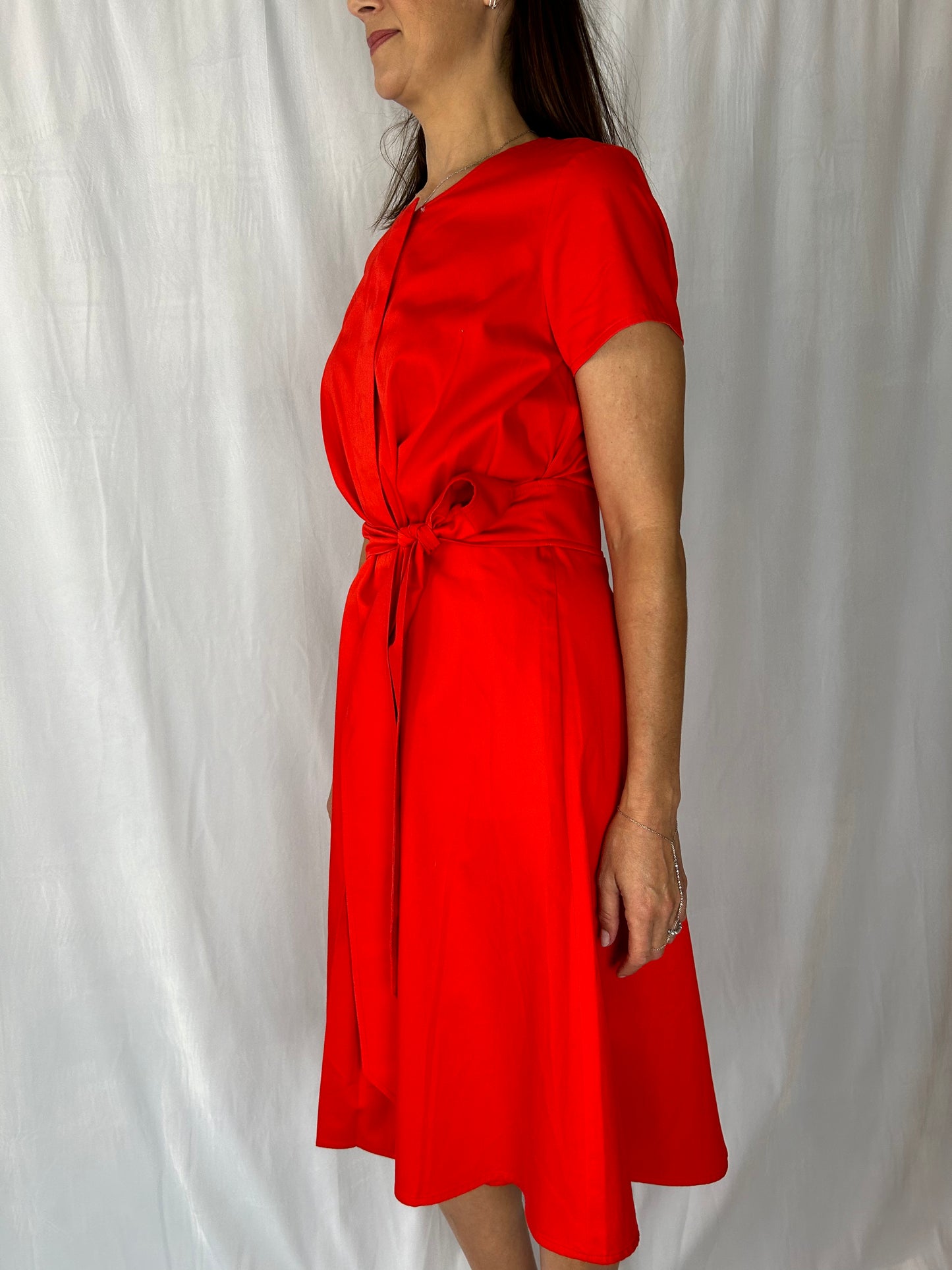 Weill Red Short-Sleeve Tie-Front Dress with Added Pearl Trim