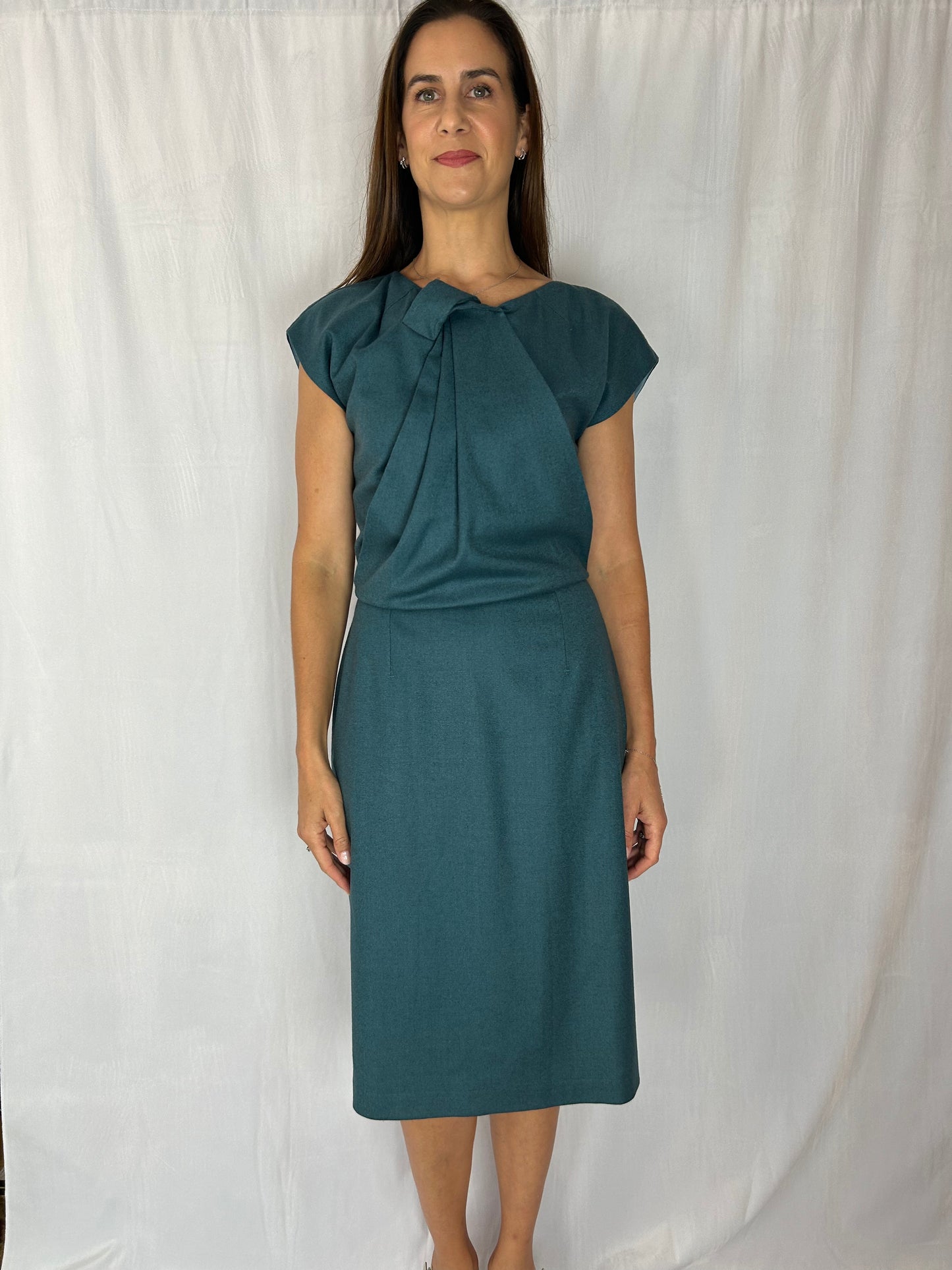 Fendi Turquoise Cap-Sleeve Dress with Eye on Collar
