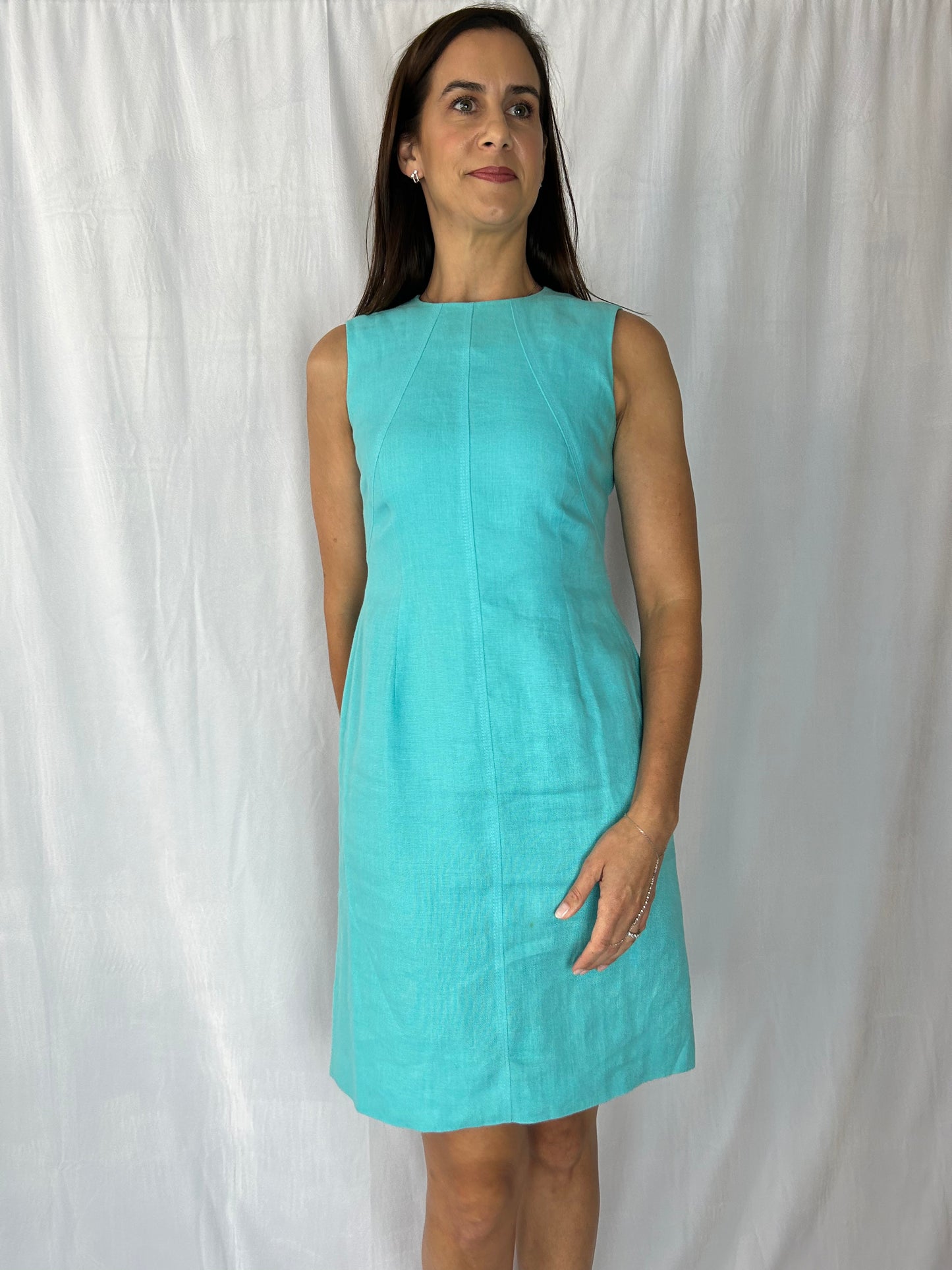 Talbots Sleeveless Teal Sculpted Dress w Scalloped hemn