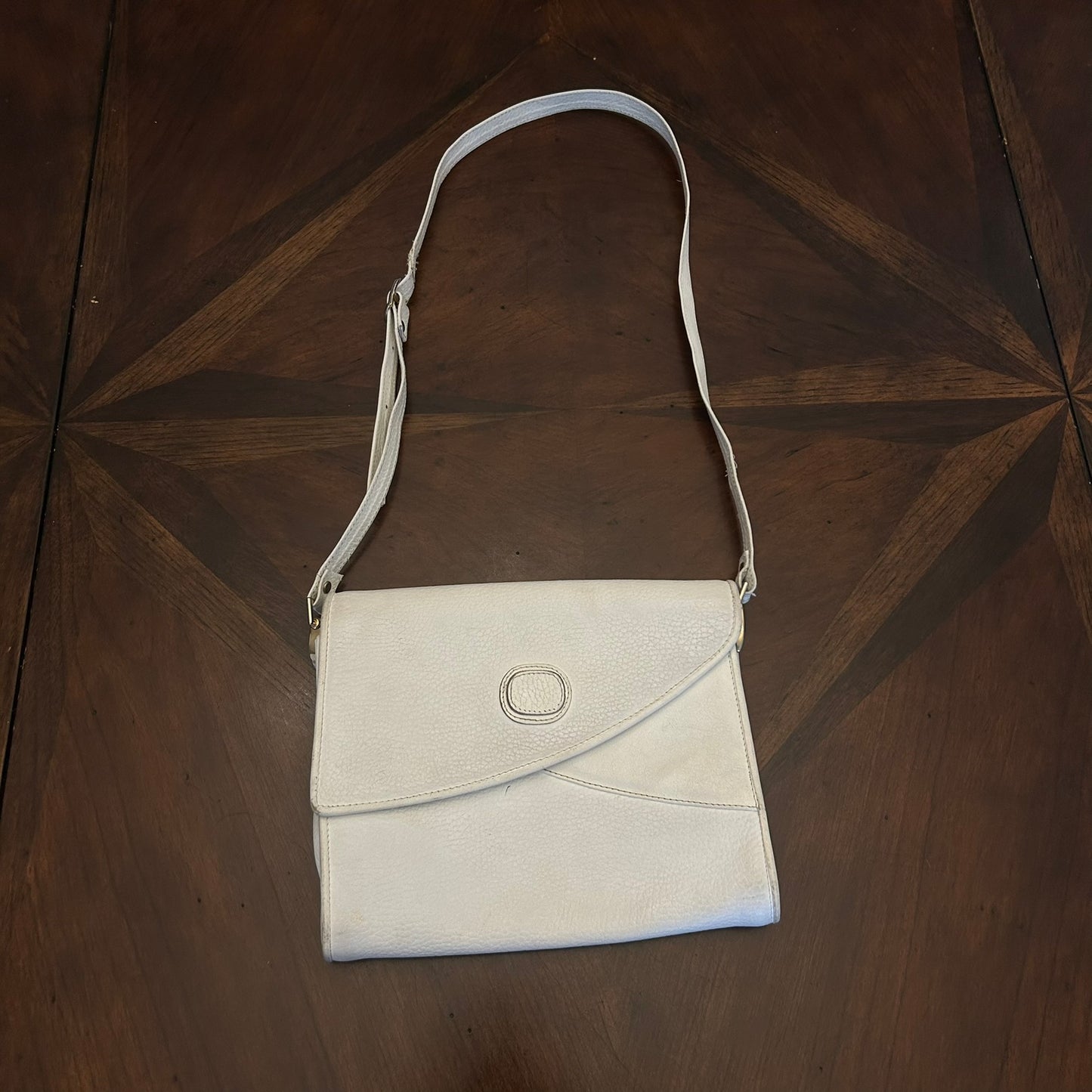 Ivory Leather Vintage Asymmetrical Flap Shoulder Bag
