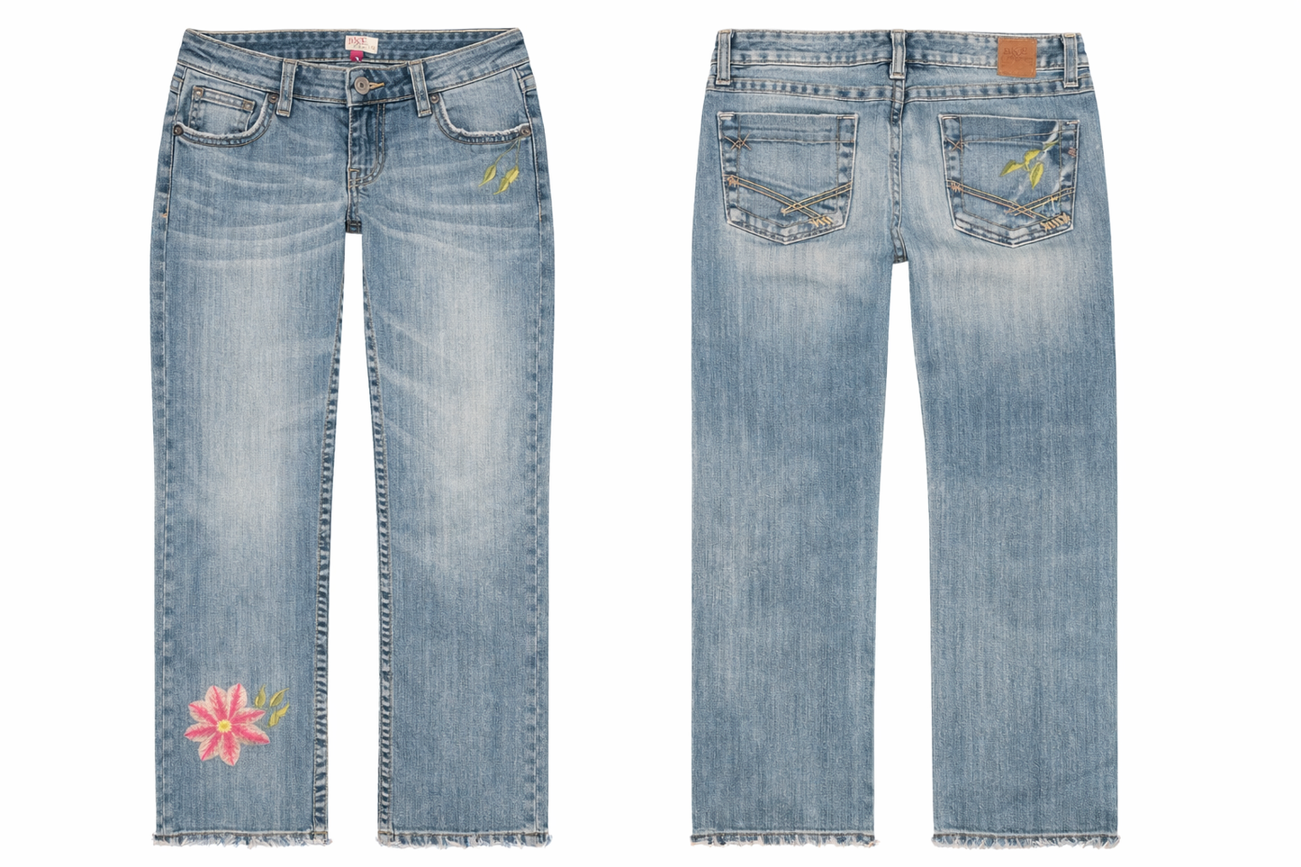 BKE Buckle Distressed Mid-rise Straight Leg Jeans with Lofty Floral Hand-Embroidery