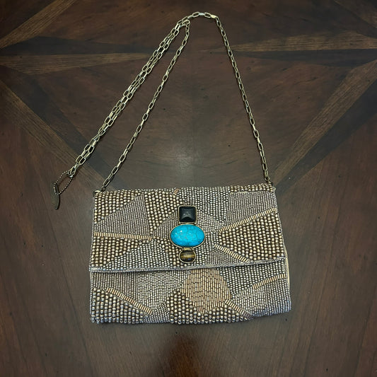 Mary Frances Beaded Shoulder Handbag with Onyx/Turq/Tiger Eye Clasp Button
