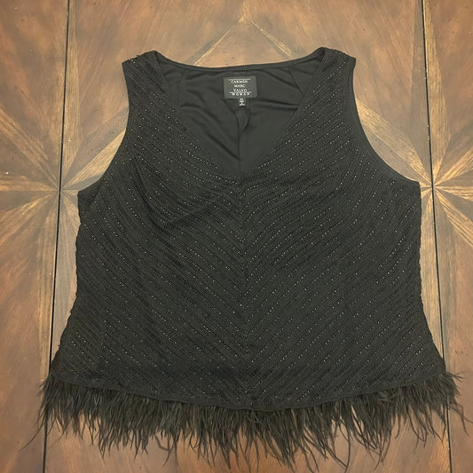 Carmen Marc Valvo Vintage Black Mock Sleeveless Sweater with Feather Trim