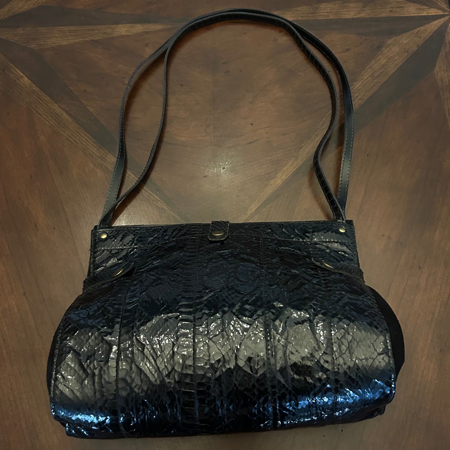 Vintage Alain Fourdraine Black Snakeskin Bag with Peacock Frame