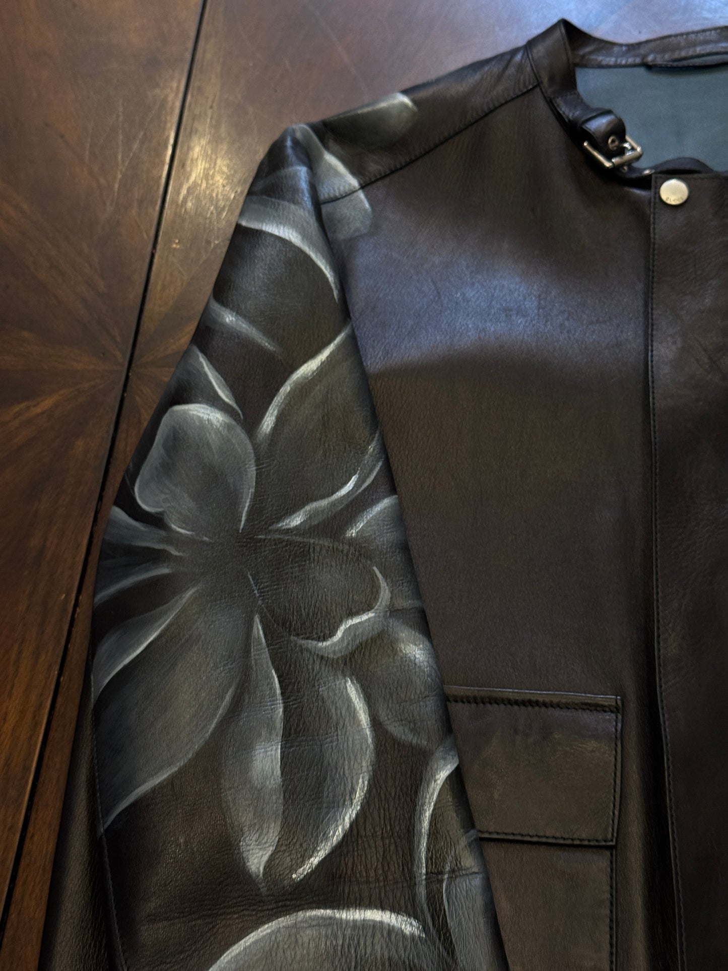 Gucci Leather Jacket with Hand-Painted Flower on Back