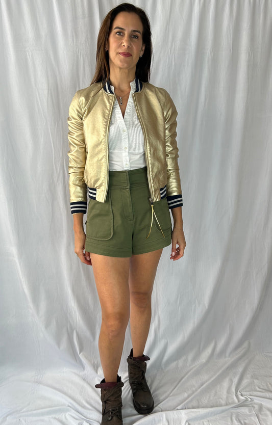 Aqua Metallic Baseball Jacket with Stripe Bands & Metallic Pulls