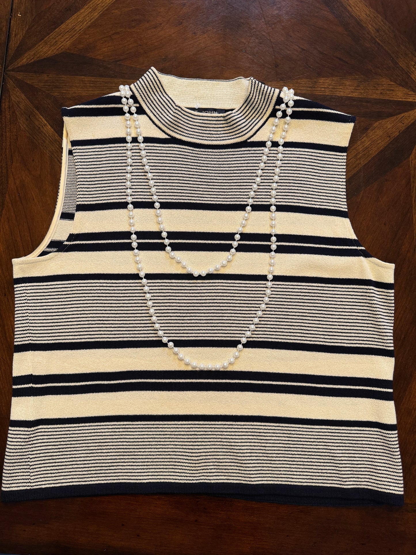 St. John Navy/Ivory Stripe Mock Sleeveless Sweater with Faux Pearl Necklace