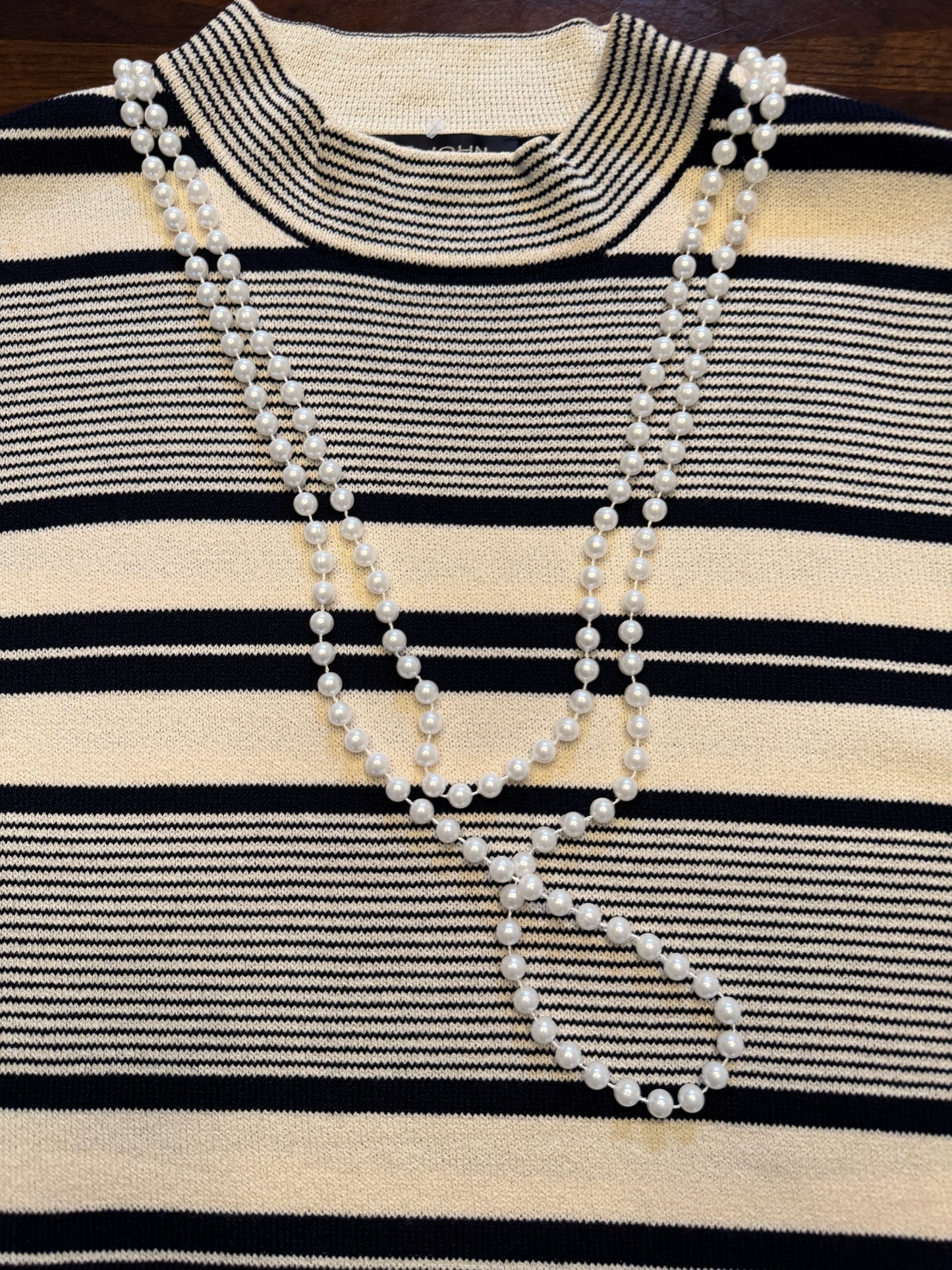St. John Navy/Ivory Stripe Mock Sleeveless Sweater with Faux Pearl Necklace