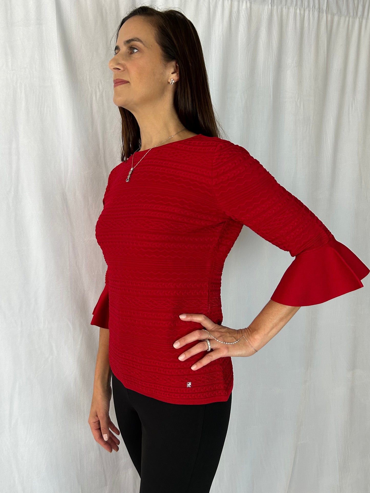 Carolina Herrera Red Cable Jewel 3/4 Sweater and Faux Pearl Sleeve Trim