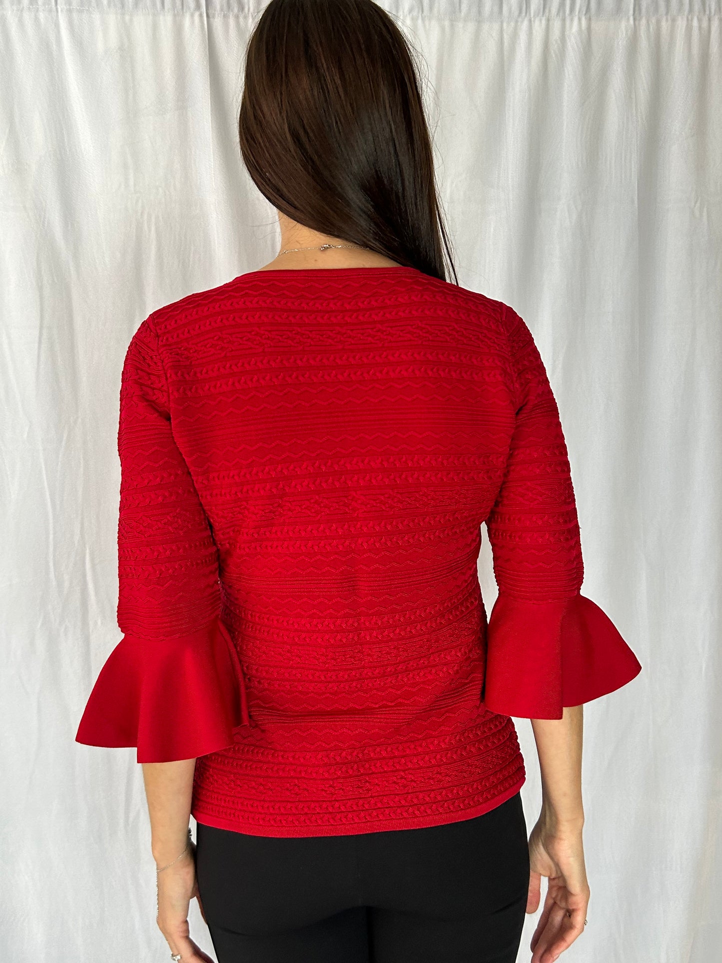 Carolina Herrera Red Cable Jewel 3/4 Sweater and Faux Pearl Sleeve Trim