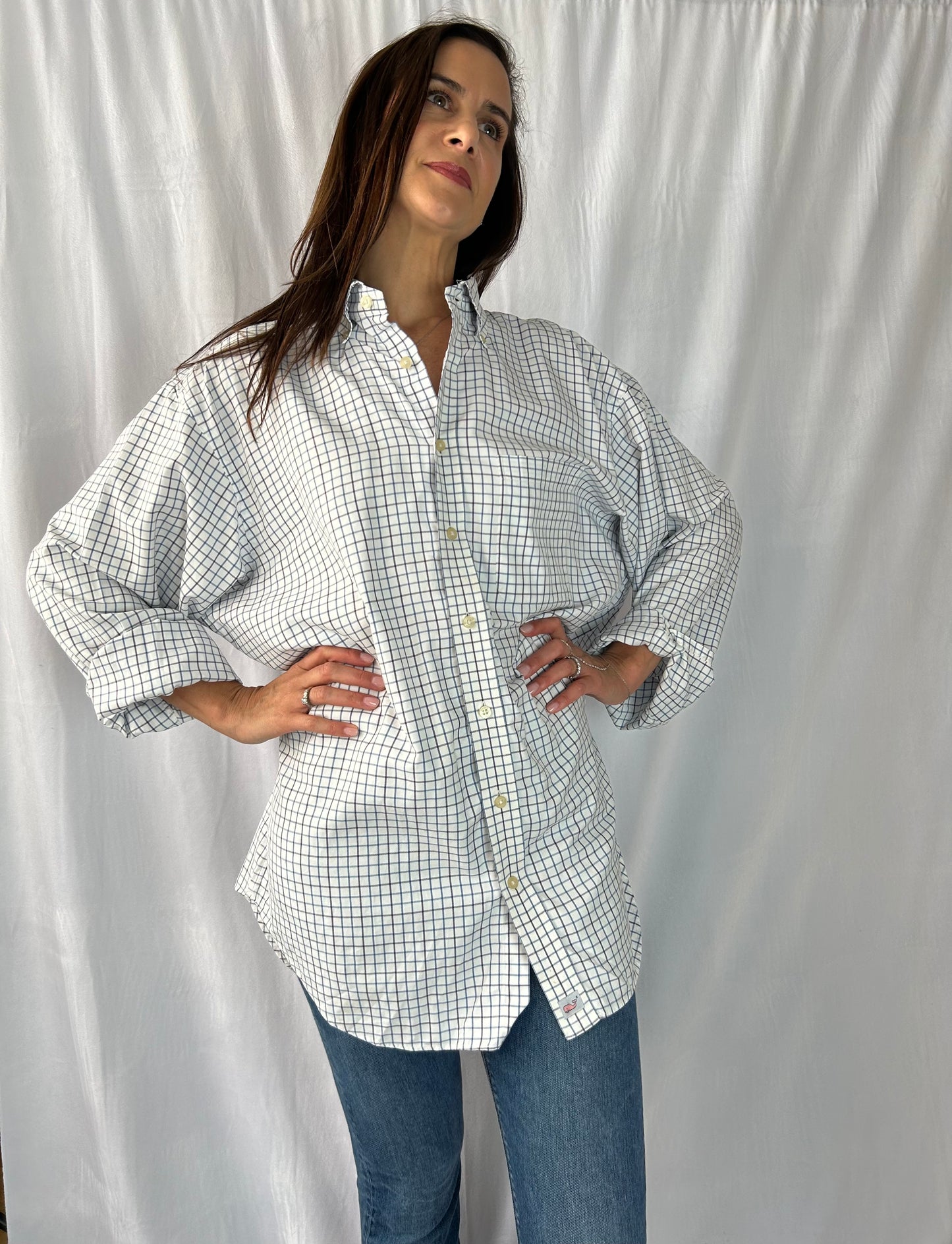 Vineyard Vines Ivory/Navy Check Shirt with Embroidered Ukraine Patch
