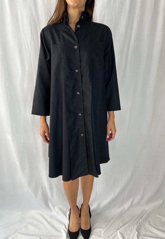 Harve Benard Petite Pinstripe Button-Front Coatdress with Embroidered Neckline
