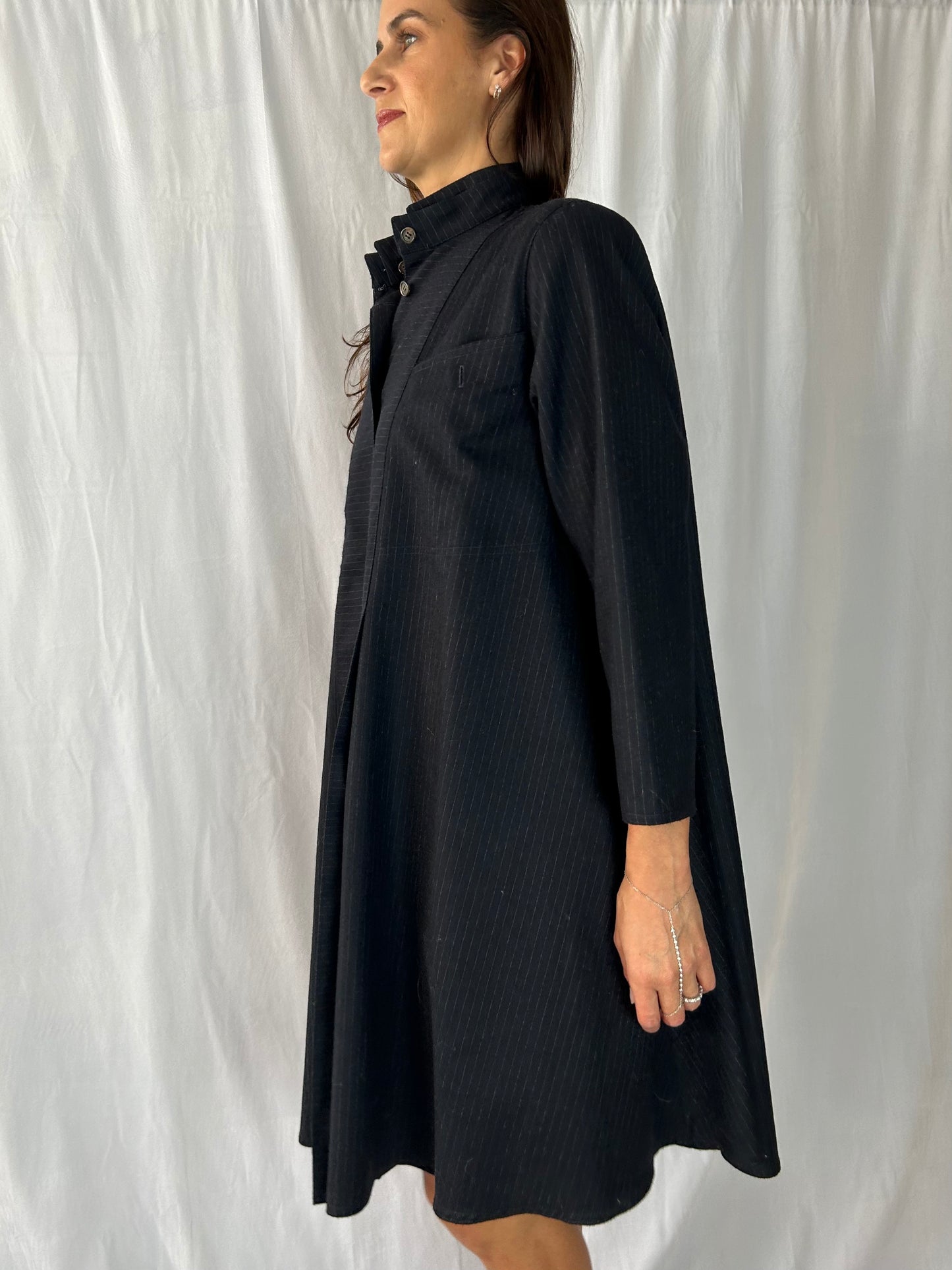 Harve Benard Petite Pinstripe Button-Front Coatdress with Embroidered Neckline