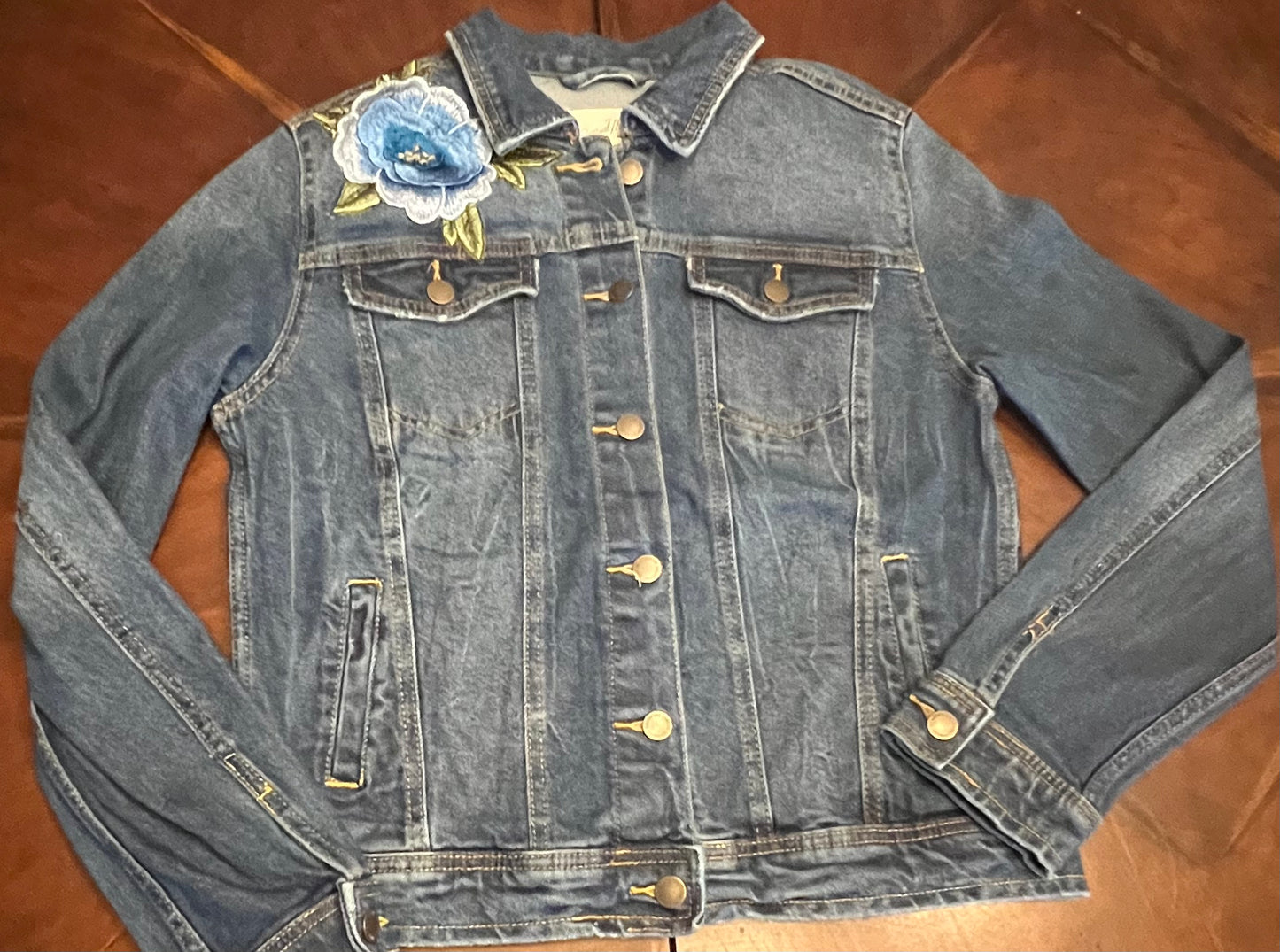 Denim Jacket with Blue Rose Patch