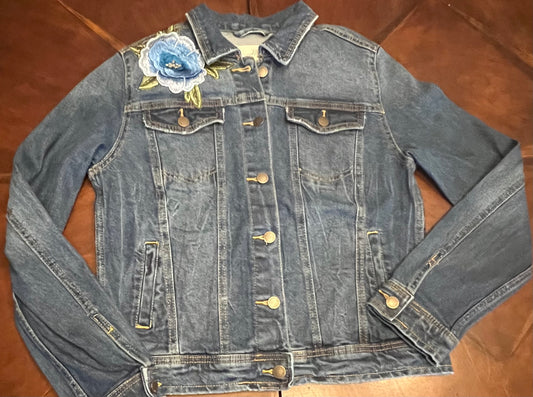 Denim Jacket with Blue Rose Patch