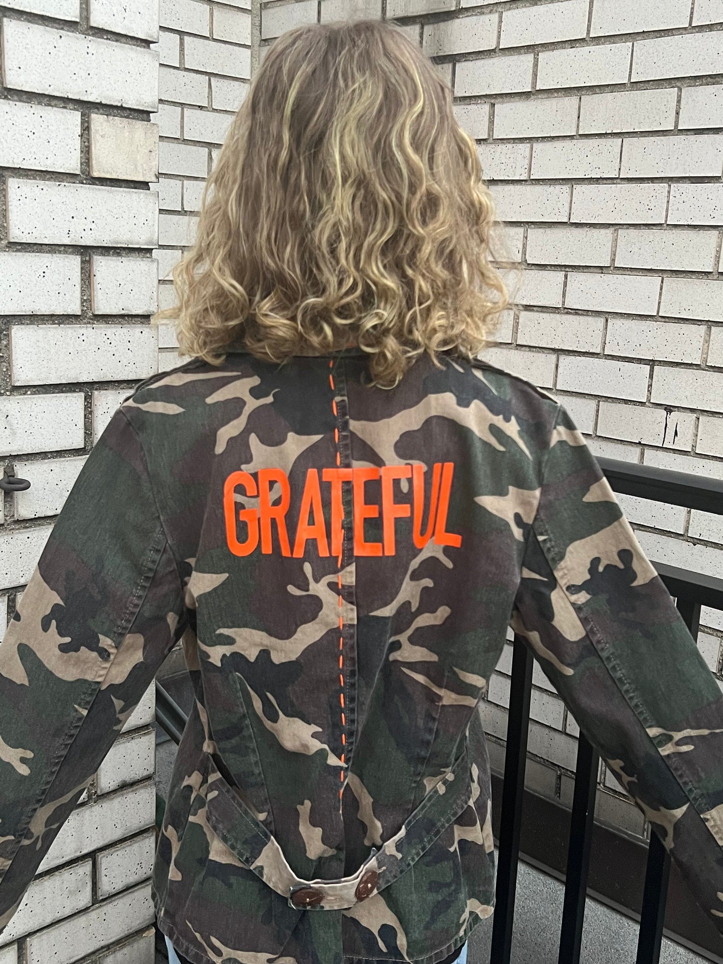 Camo Jacket with GRATEFUL Lettering and Hand-stitching
