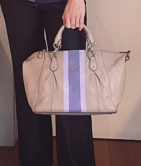 Coach Gray Leather Handbag with Purple & Lavender Hand-Painted Stripes