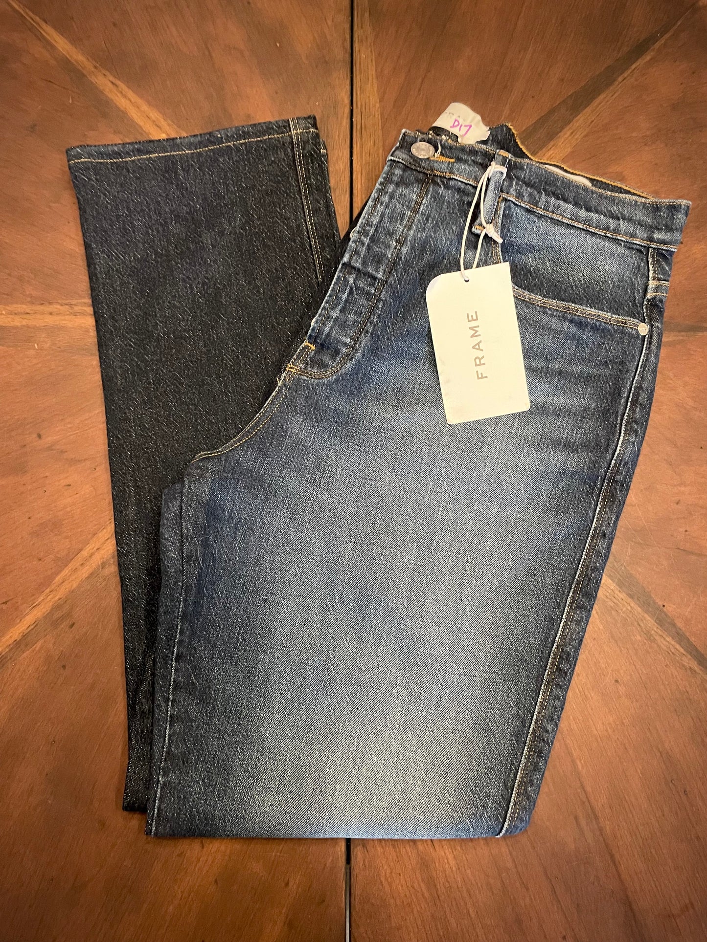 Frame Ultra Hi-Rise Le Sylvie Slender Straight Indigo Jean with Painted-on Pearl Chain