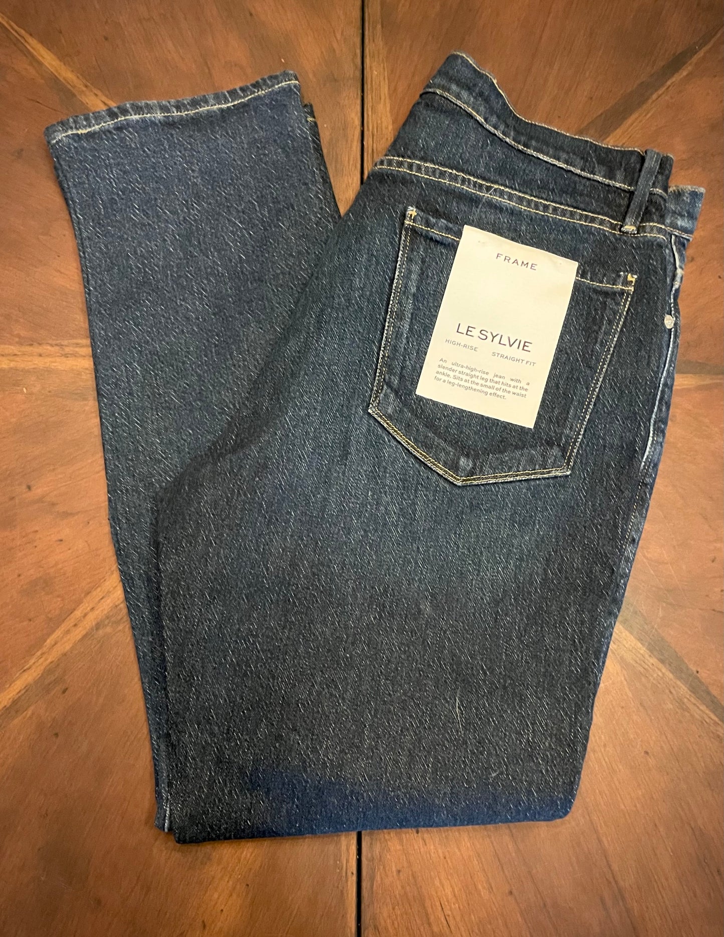 Frame Ultra Hi-Rise Le Sylvie Slender Straight Indigo Jean with Painted-on Pearl Chain