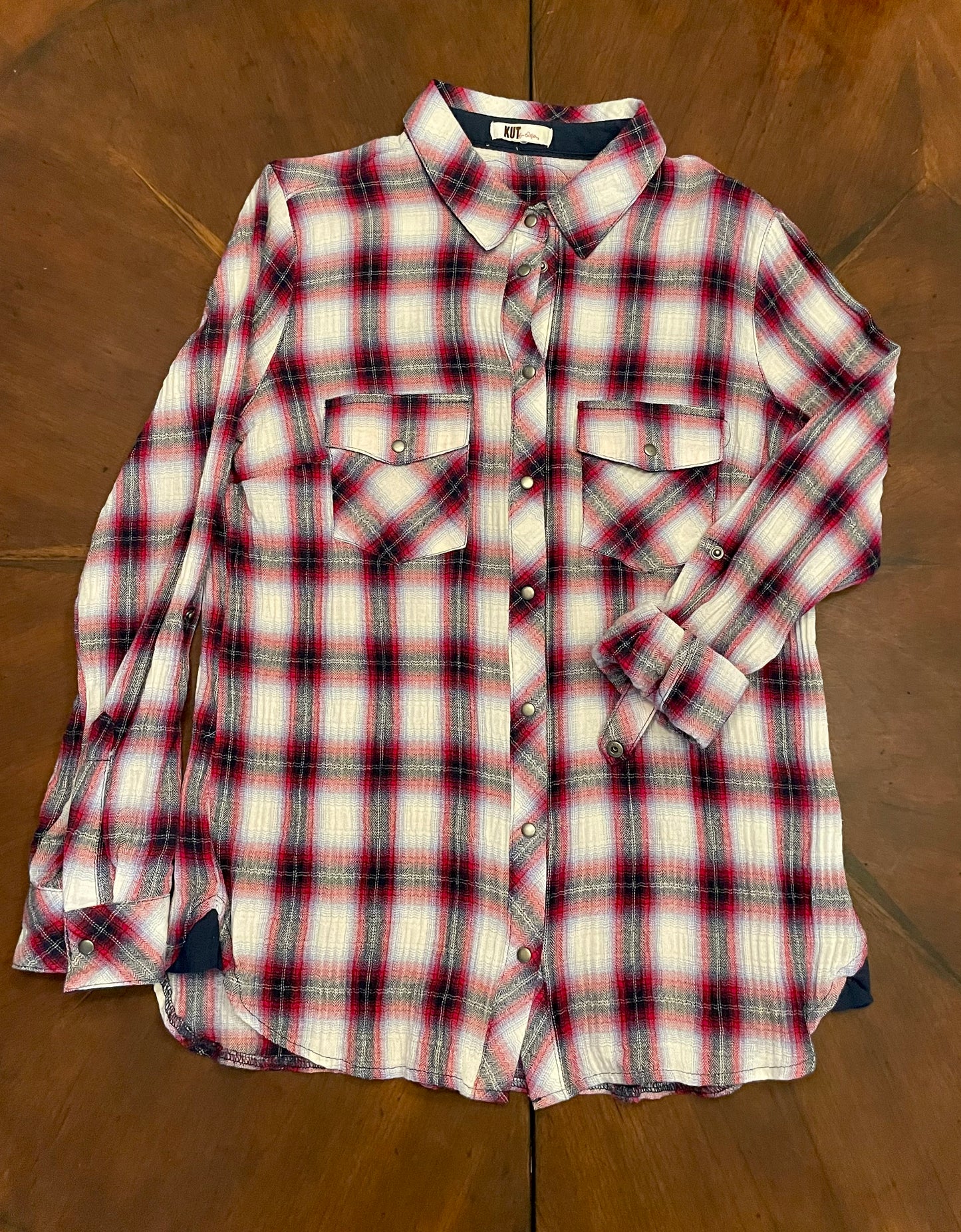 KUT Red Plaid Shirt with Snaps and 'MARTY' Patch