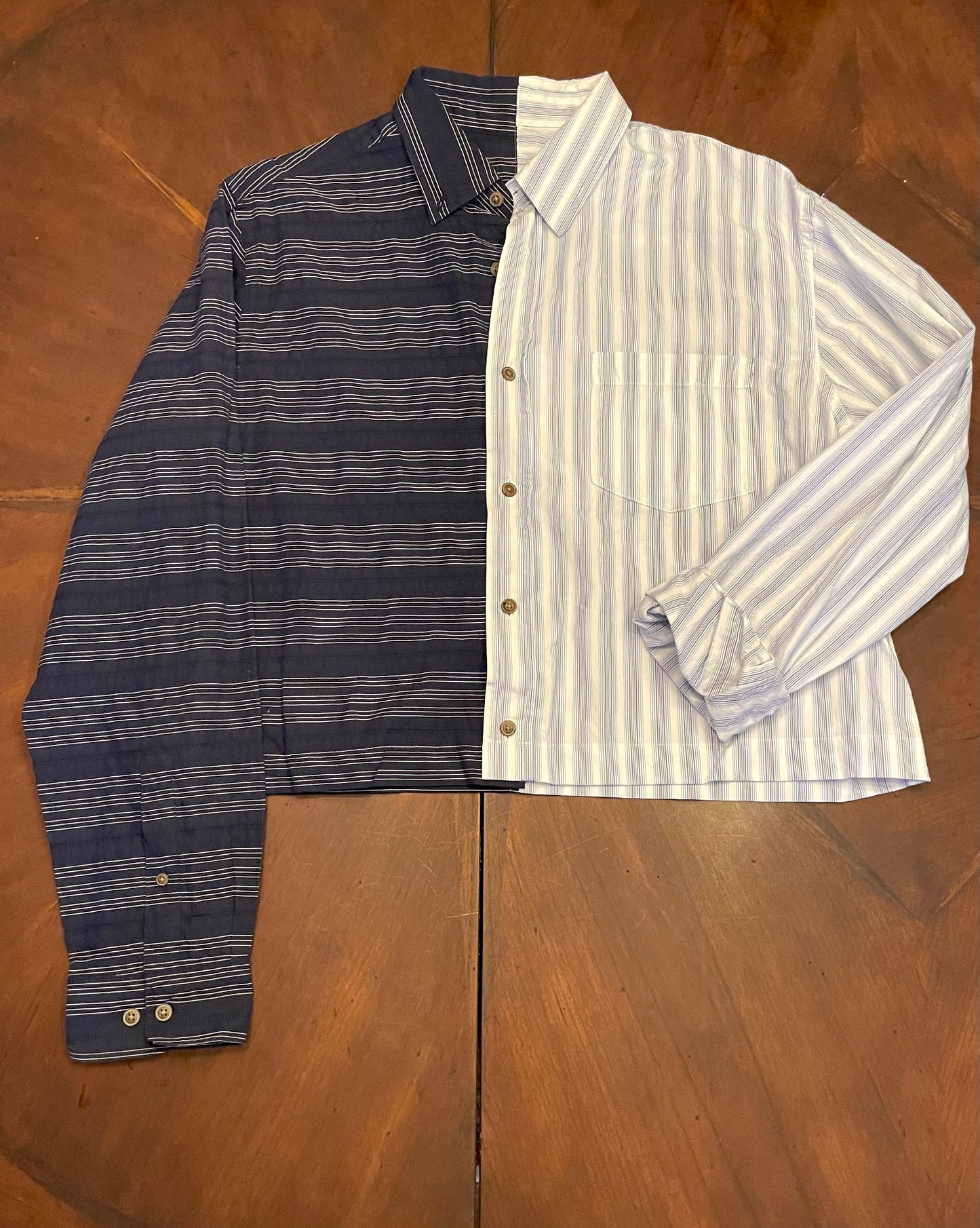 Fused Vertical-Horizontal Blue Striped Cropped Shirt