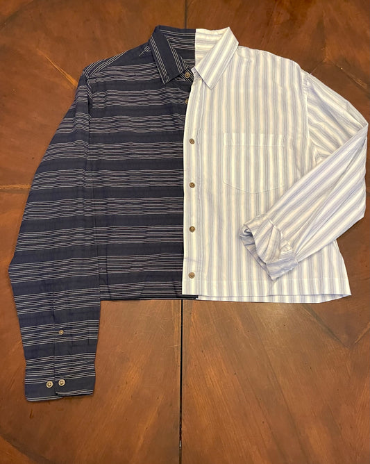 Fused Vertical-Horizontal Blue Striped Cropped Shirt