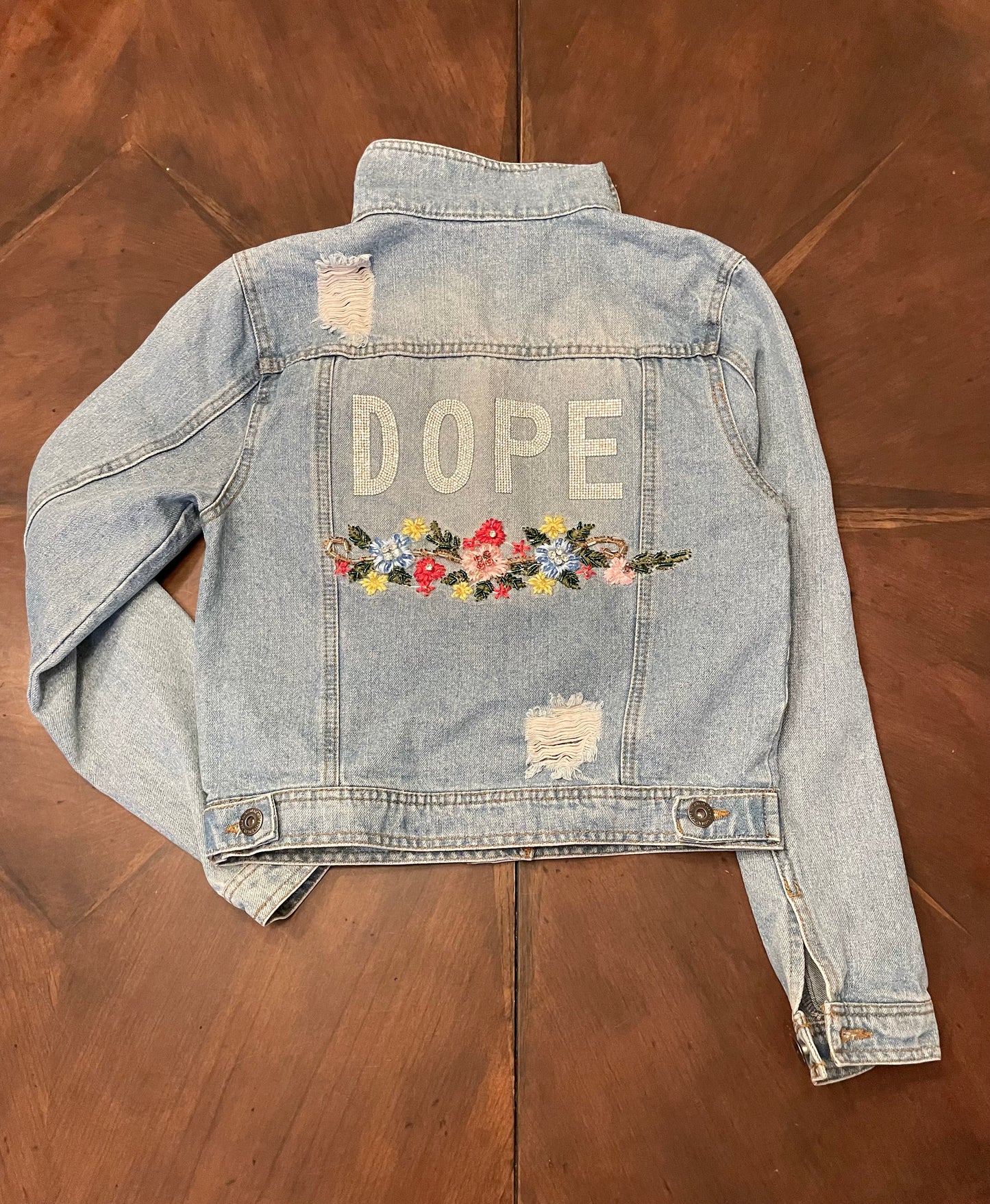 Destructed Denim Jacket with Floral Applique
