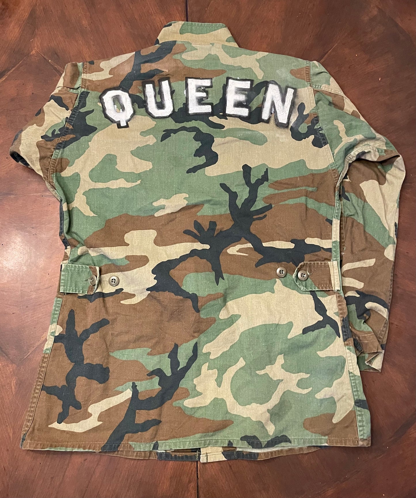 Camo Long Jacket with Hand-Painted QUEEN artwork & Vintage Patch