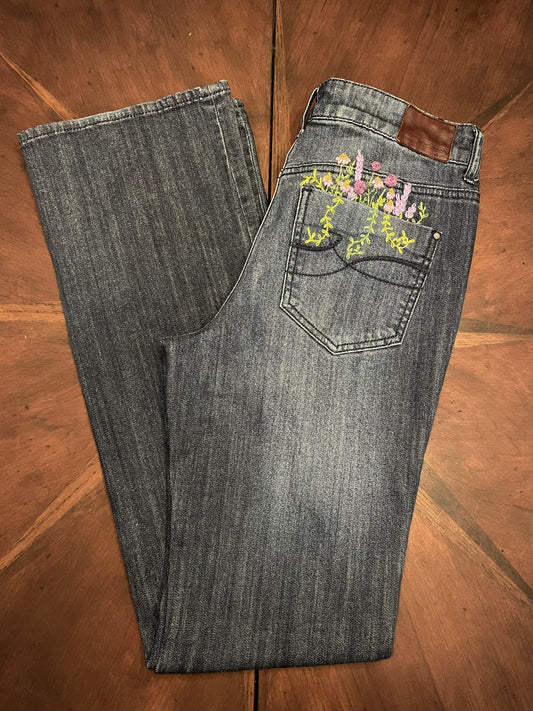 DKNY Floral Hand-Embroidered Bootcut Blue Jeans