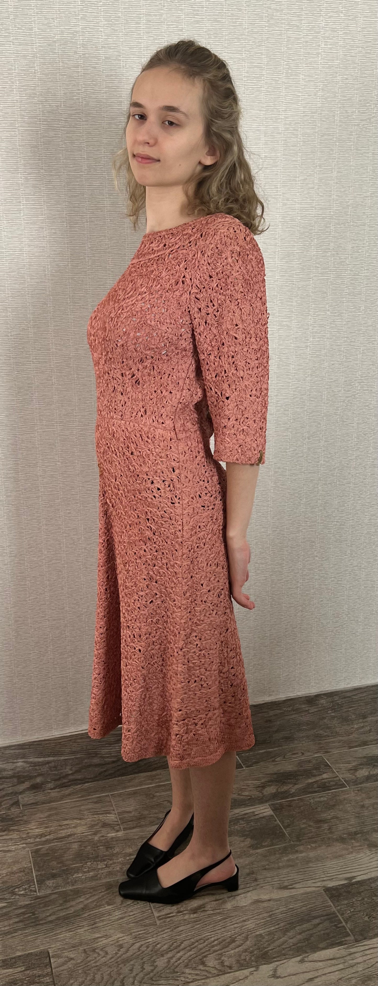 Rose Lace 3/4-Sleeve Dress with Pearl Neckline
