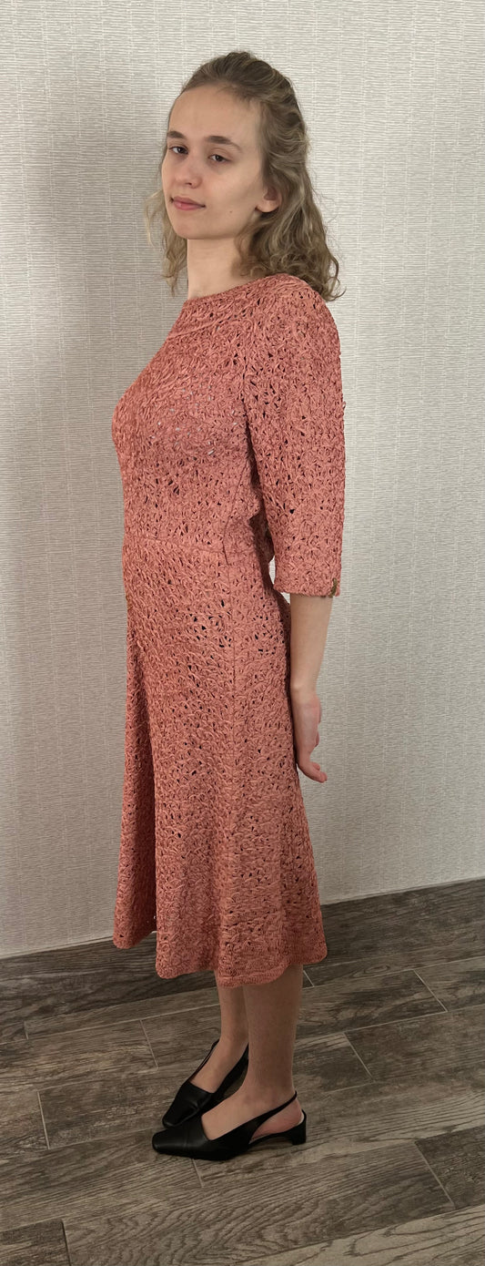 Rose Lace 3/4-Sleeve Dress with Pearl Neckline