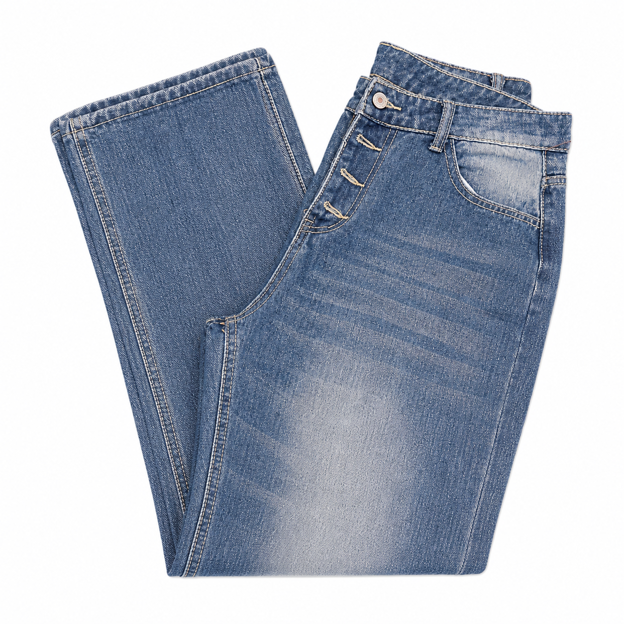 Distressed Button-front  High-waisted Regular Leg  Blue Jeans