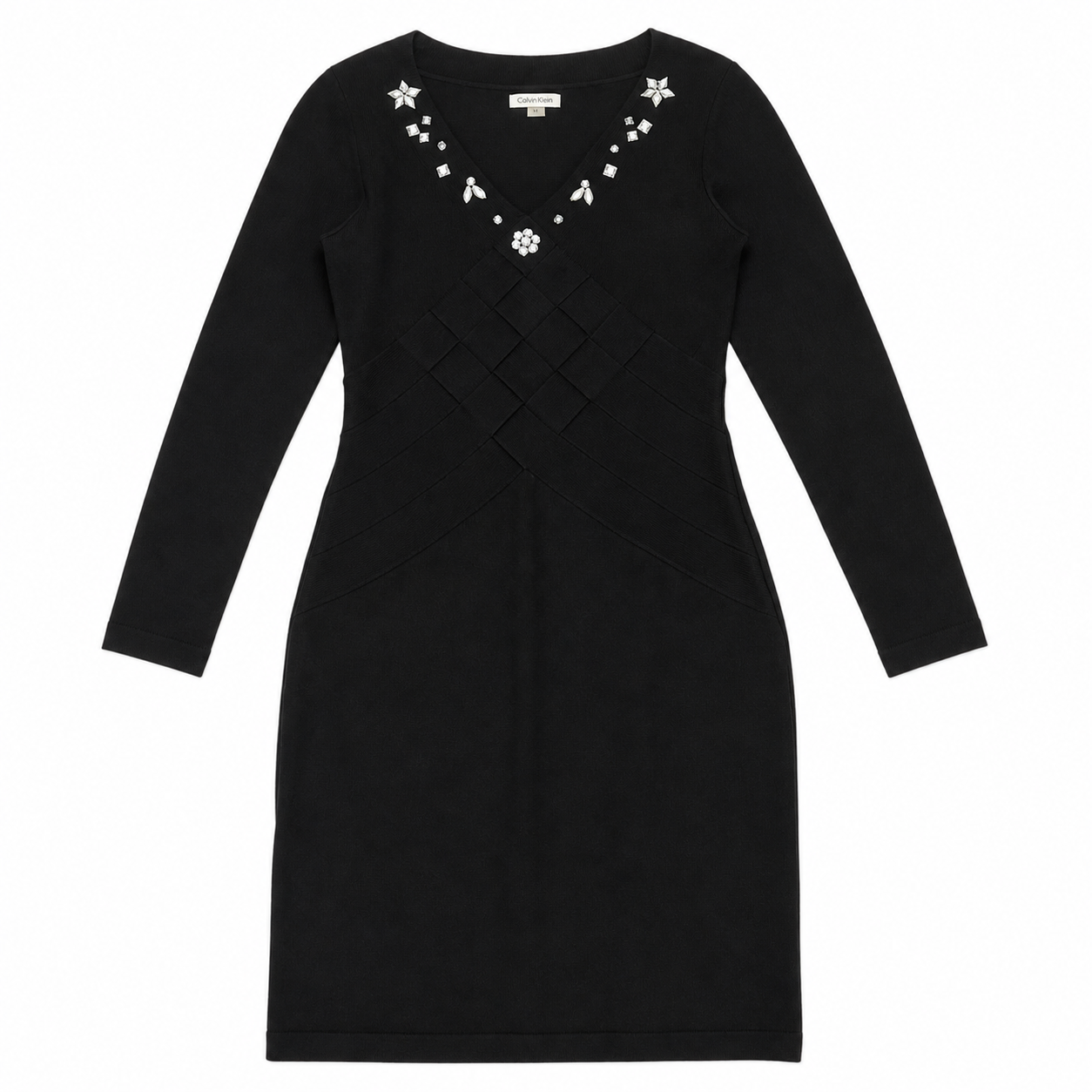 Calvin Klein Sweater Knit Dress with Bedazzled Collar