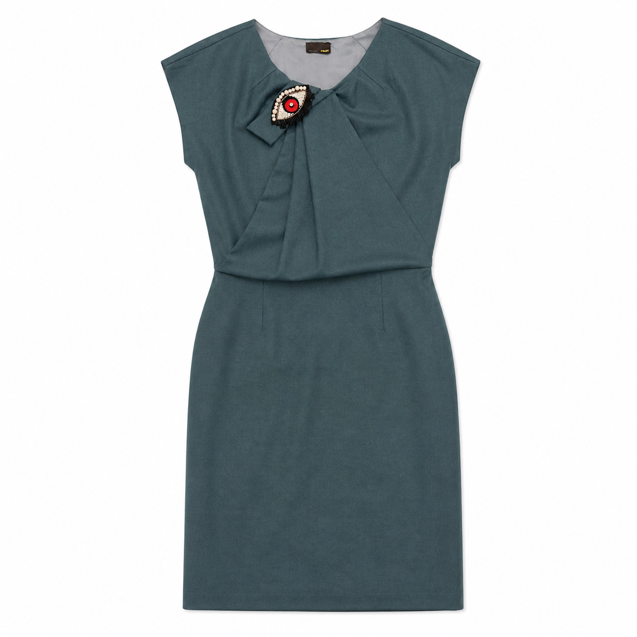 Fendi Turquoise Cap-Sleeve Dress with Eye on Collar