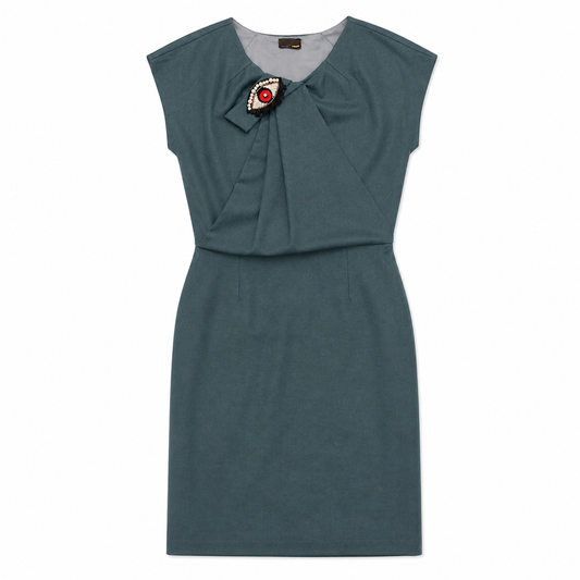 Fendi Turquoise Cap-Sleeve Dress with Eye on Collar
