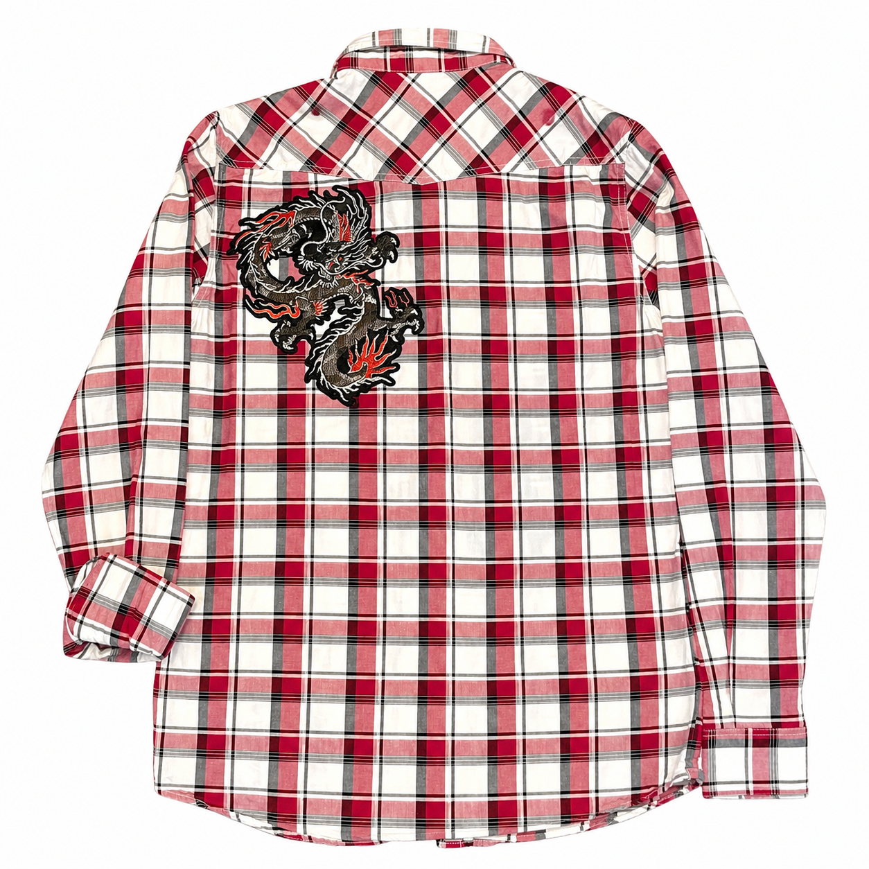 American Eagle Red Windowpane Plaid Shirt with Dragon Applique