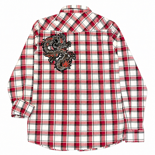 American Eagle Red Windowpane Plaid Shirt with Dragon Applique