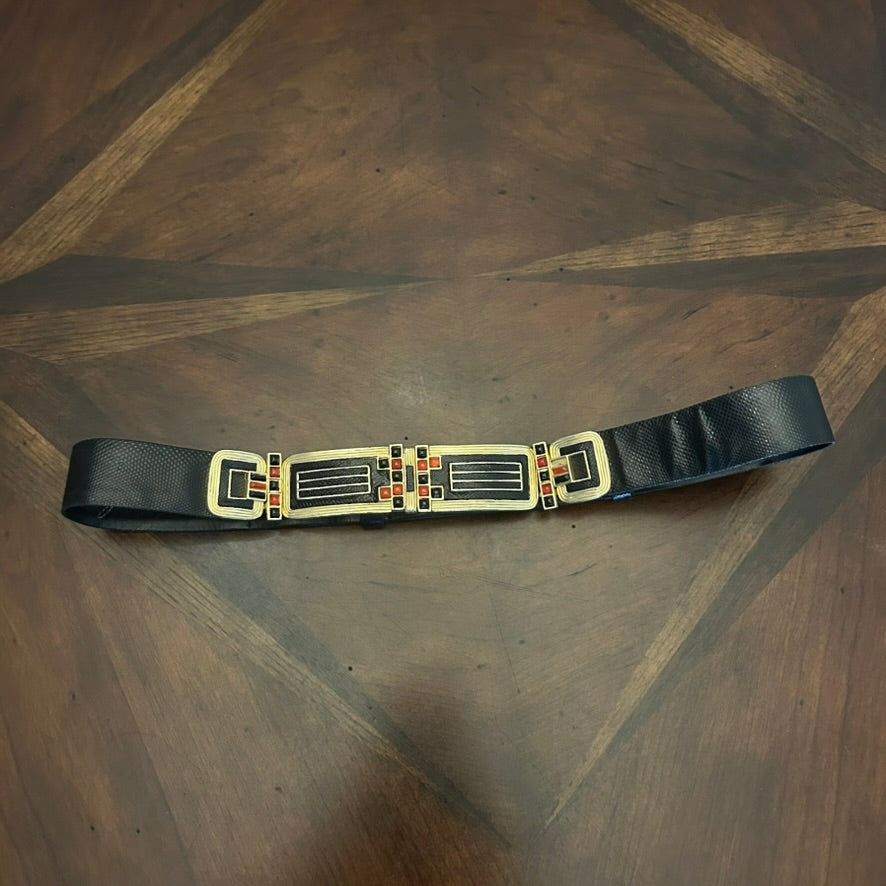 Judith Leiber Black Belt with Gold/Red/Black Buckle