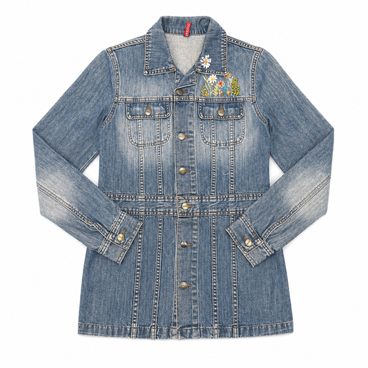Denim Shirt Jacket with 3-D Hand Floral Embroidery