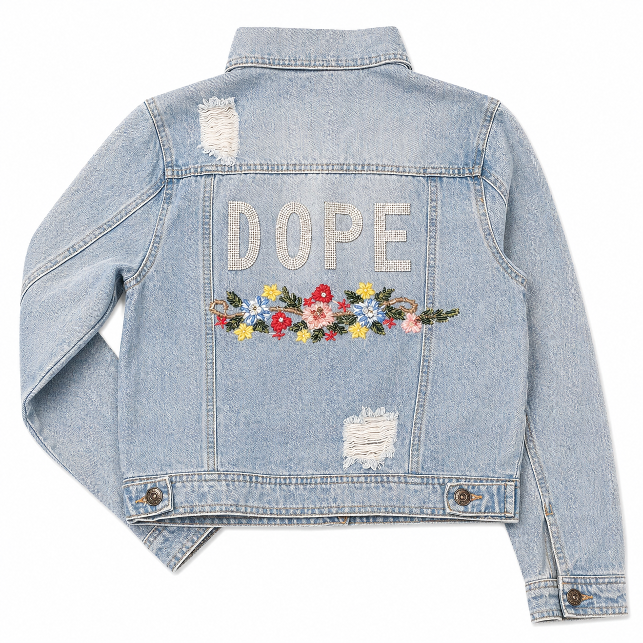 Destructed Denim Jacket with Floral Applique