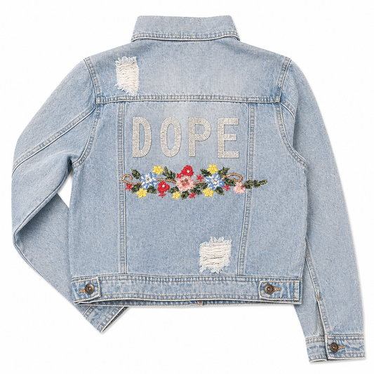 Destructed Denim Jacket with Floral Applique