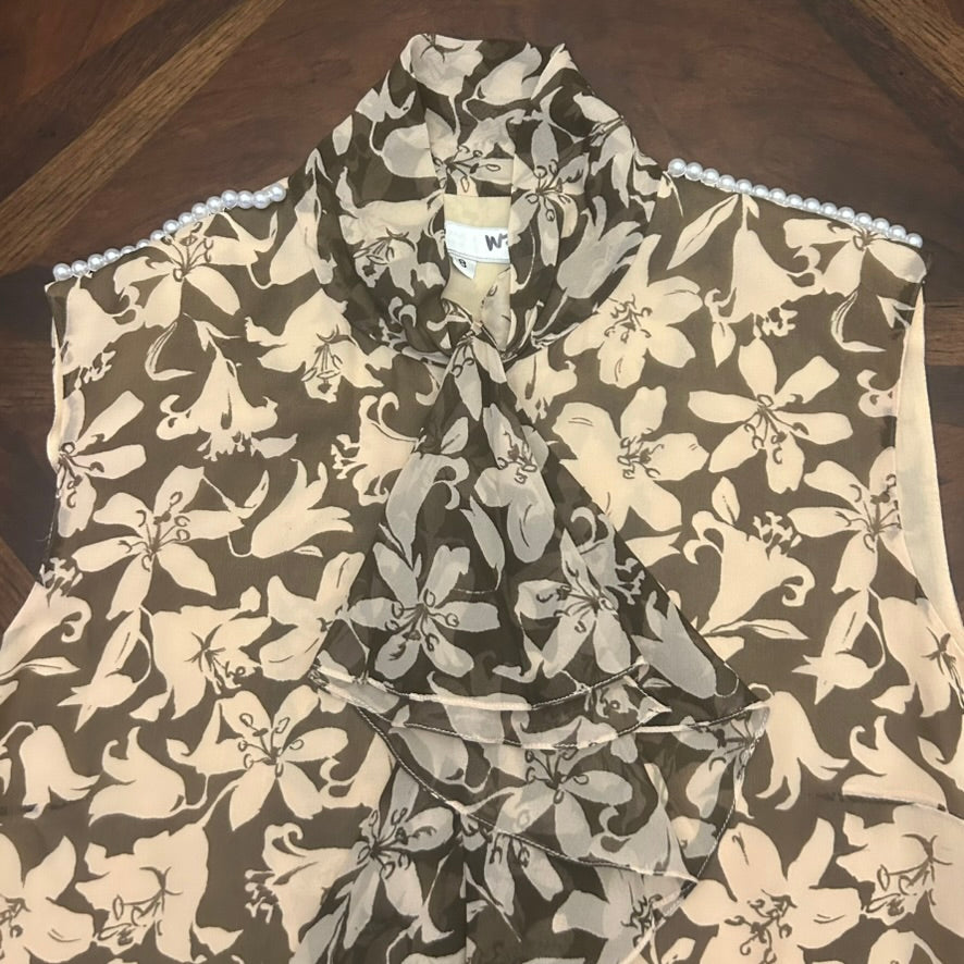 Carolina Herrera Floral Sleeveless Blouse with Ruffle Front and Embroidered Pearls at Shoulders