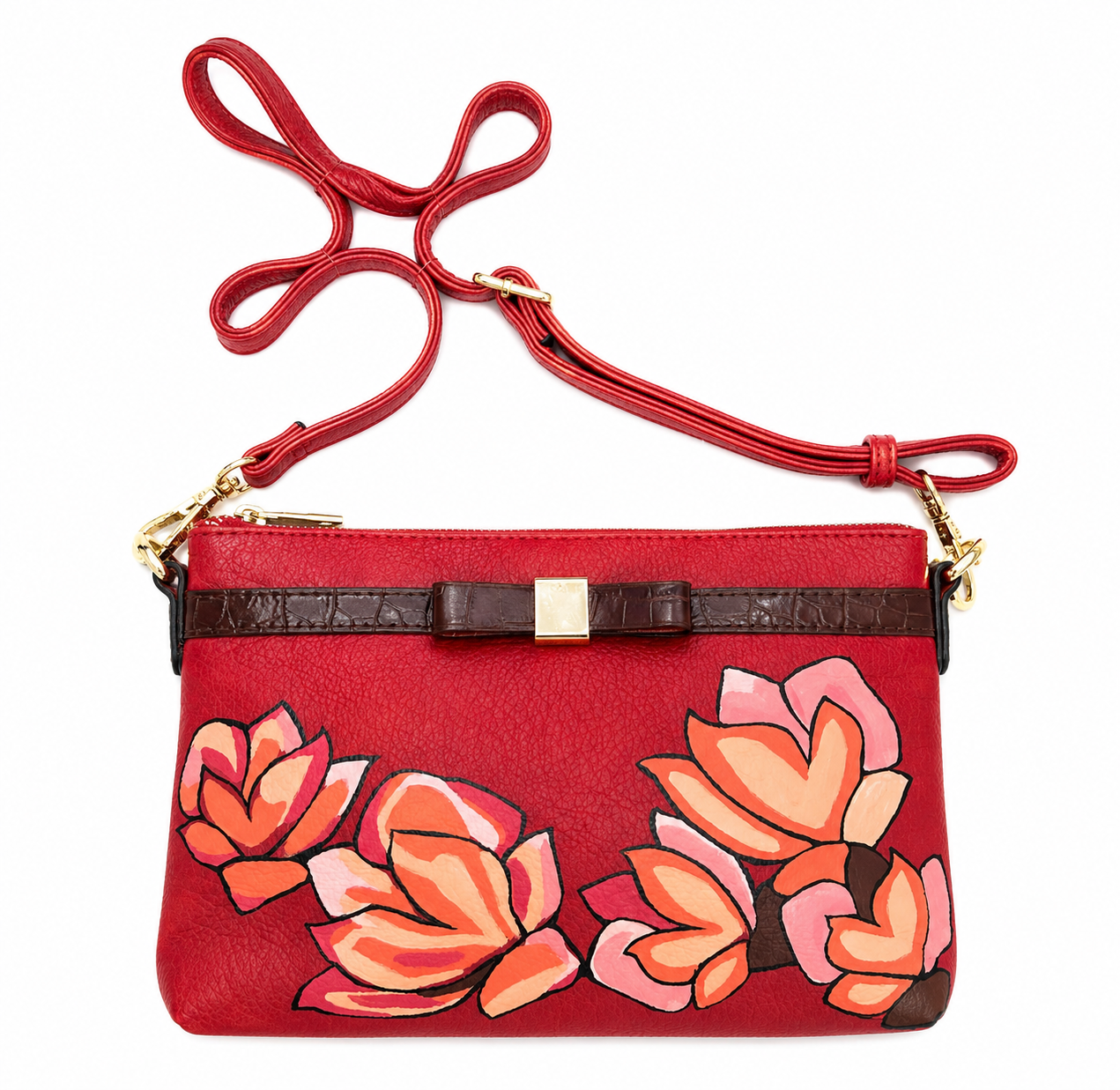 Hand-Painted Floral Shoulder Leather Bag with Bow