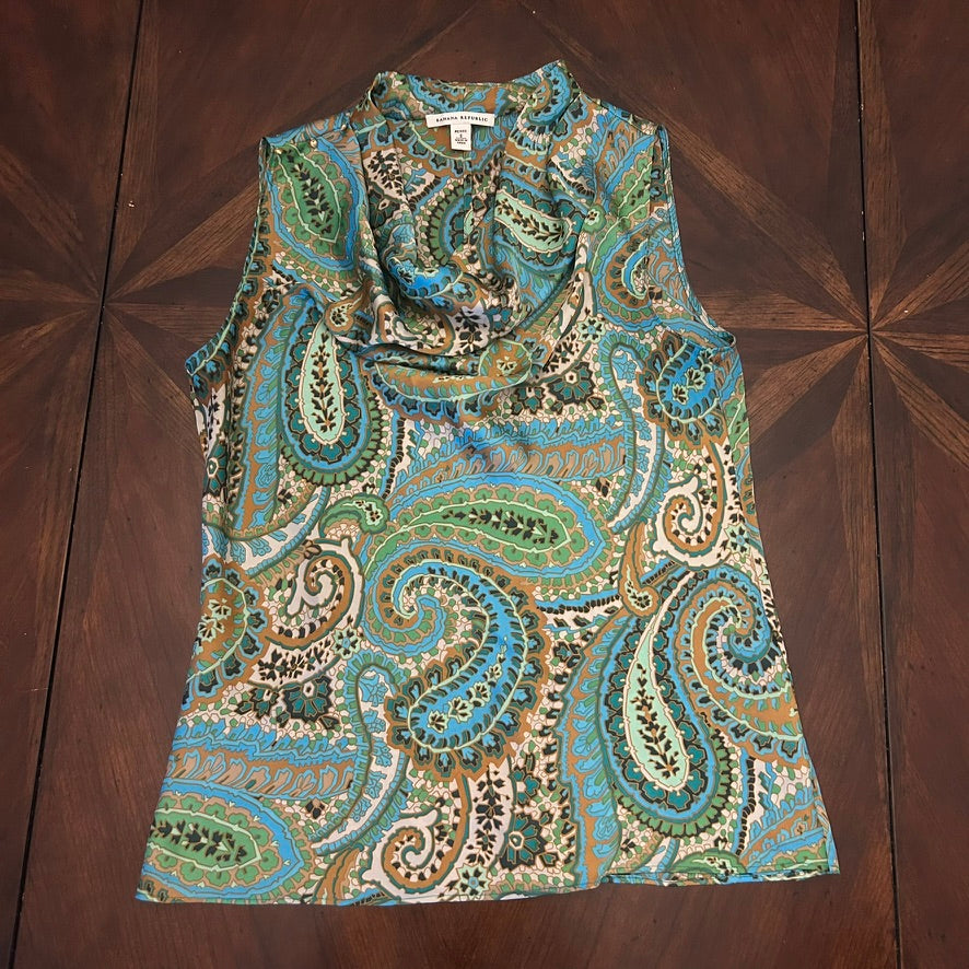 Banana Republic Blue-Green Paisley Sleeveless Top with Golden Beads on Shoulder