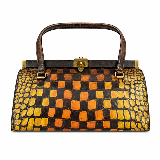 Bellstone Brown Croc Skin Framed Satchel Bag with Hand-painted Art