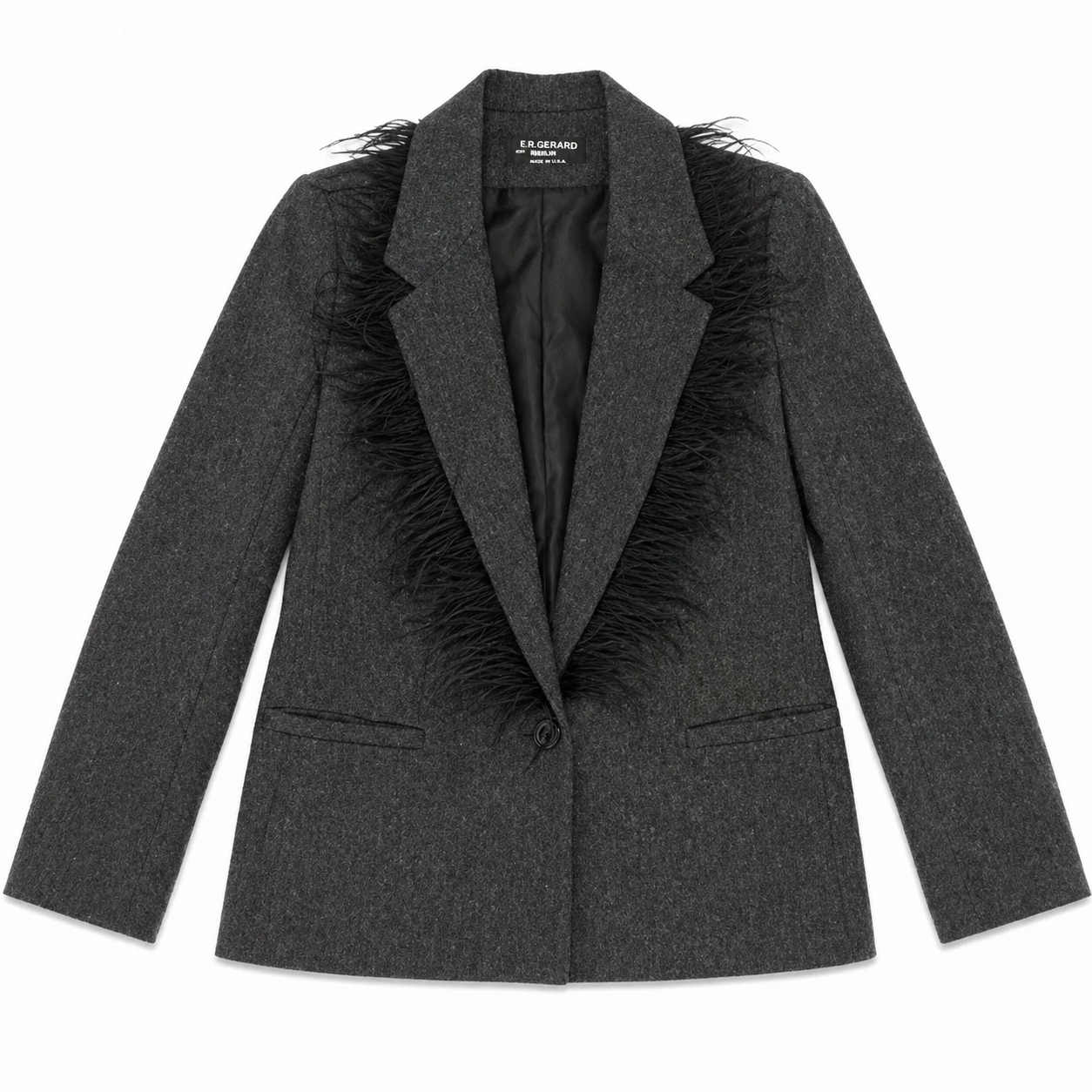 ER Gerard Grey Flannel Blazer with Feather Trim Collar