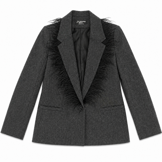 ER Gerard Grey Flannel Blazer with Feather Trim Collar