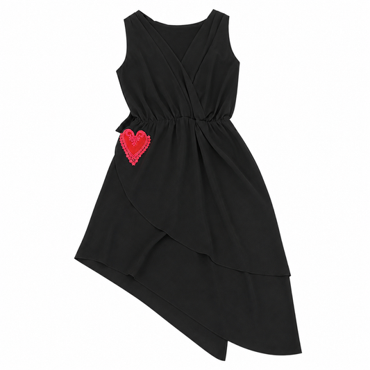 Pookie & Sebastian Black Asymmetric Crepe Dress with Heart Applique